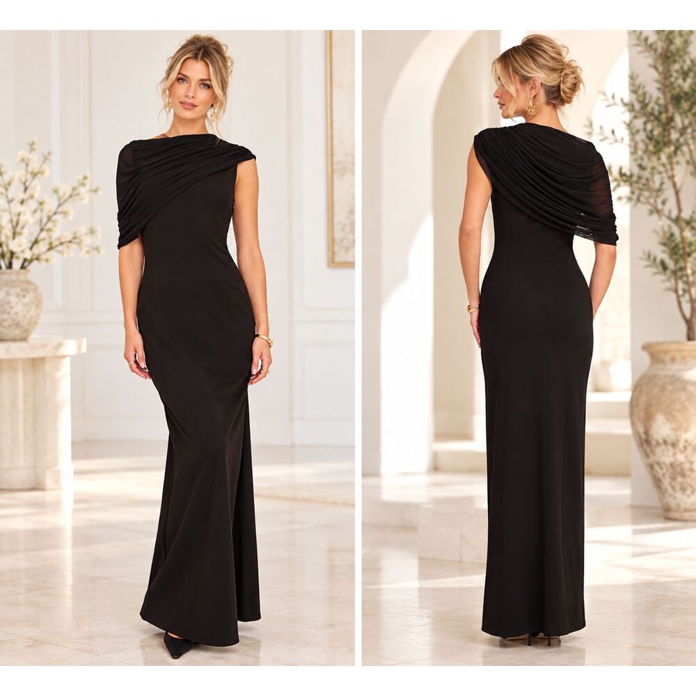 Lulus Sutton Black Maxi Dress Asymmetrical Column Size S NWT